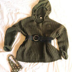 OLIVE GREEN HOODED CROCHETED SWEATER & COORDINATED POLKA DOT HEAD BAND, SIZE MED